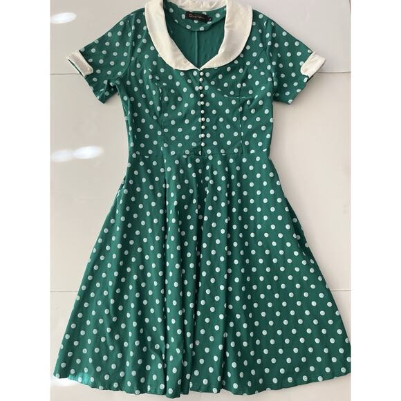 Gown Town Dress XXL Green White Polka Dot Retro 50s 60’s Fit Flair Swing Stretch - Picture 1 of 12